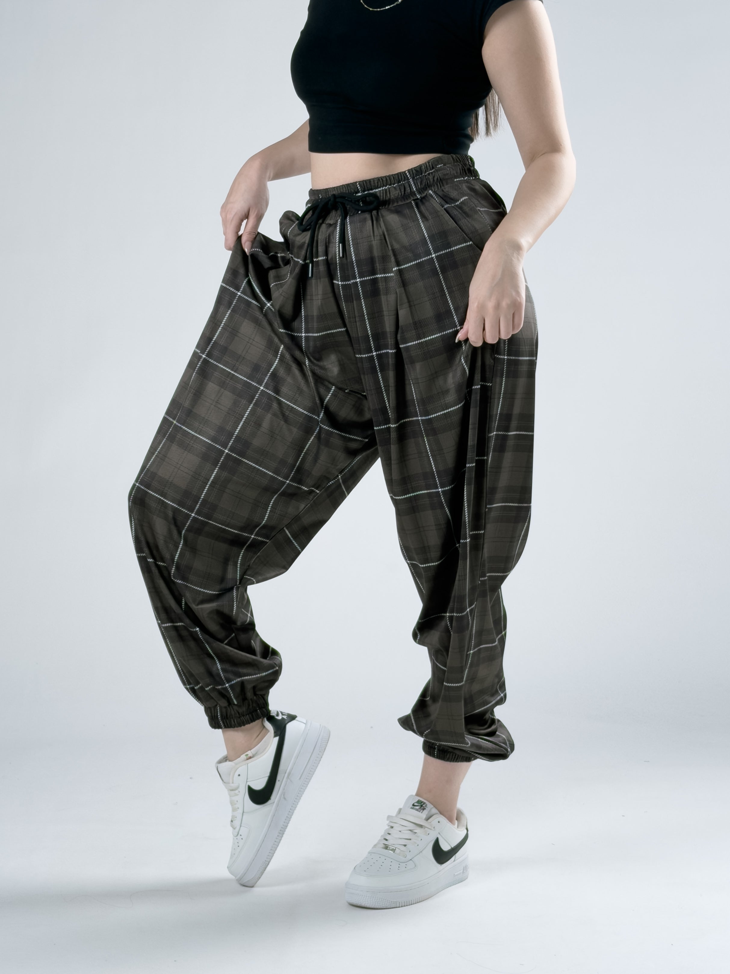Yeşil Ekose Pileli Kadın Jogger Pantolon COC3065