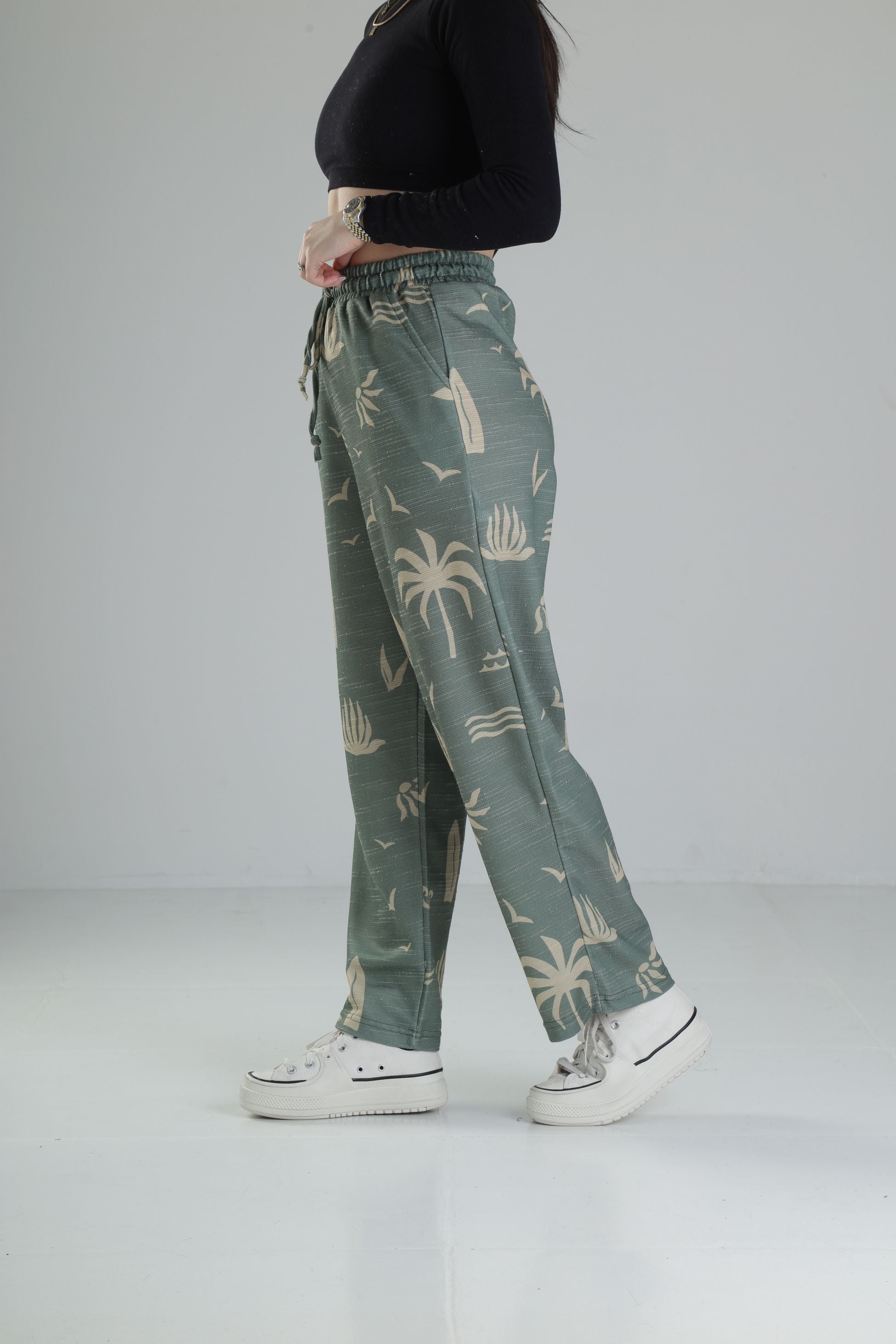 Yeşil Yaprak Desenli Baggy Pantolon COC1862