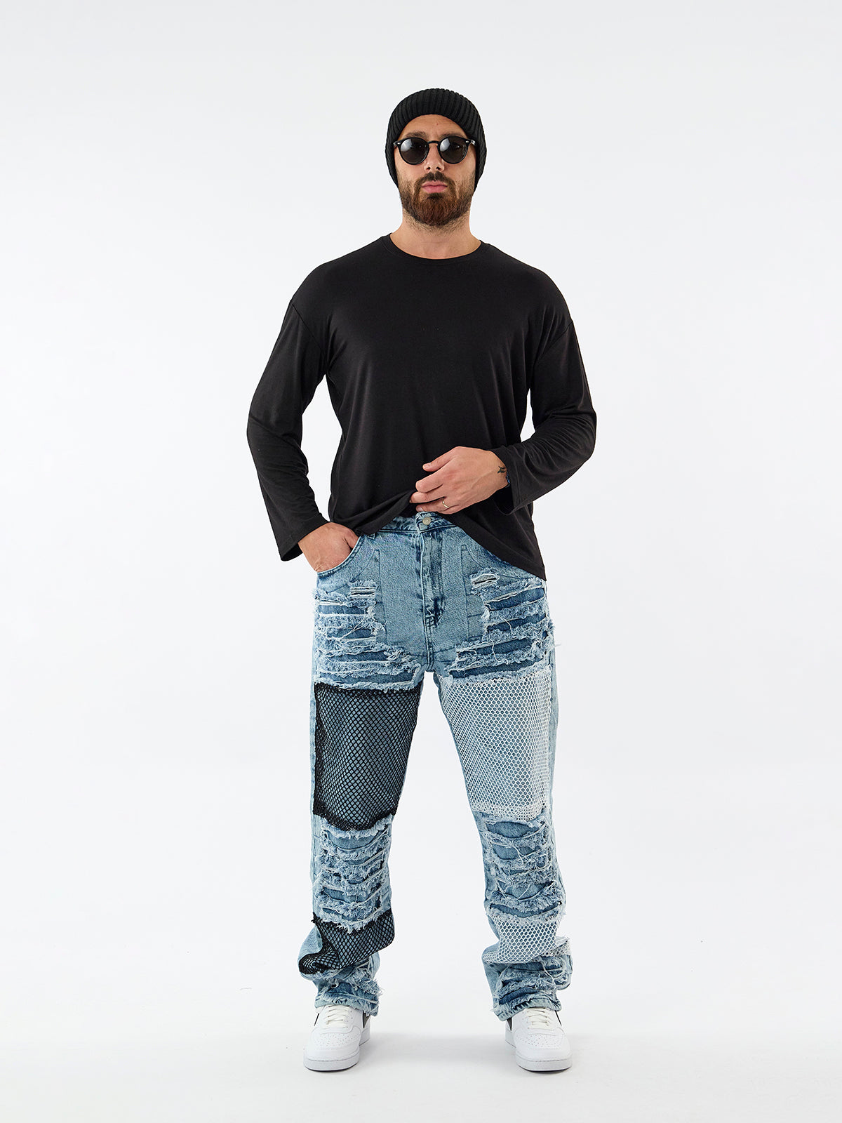 Yırtık File Detaylı Baggy Jean Erkek Pantolon COC3602