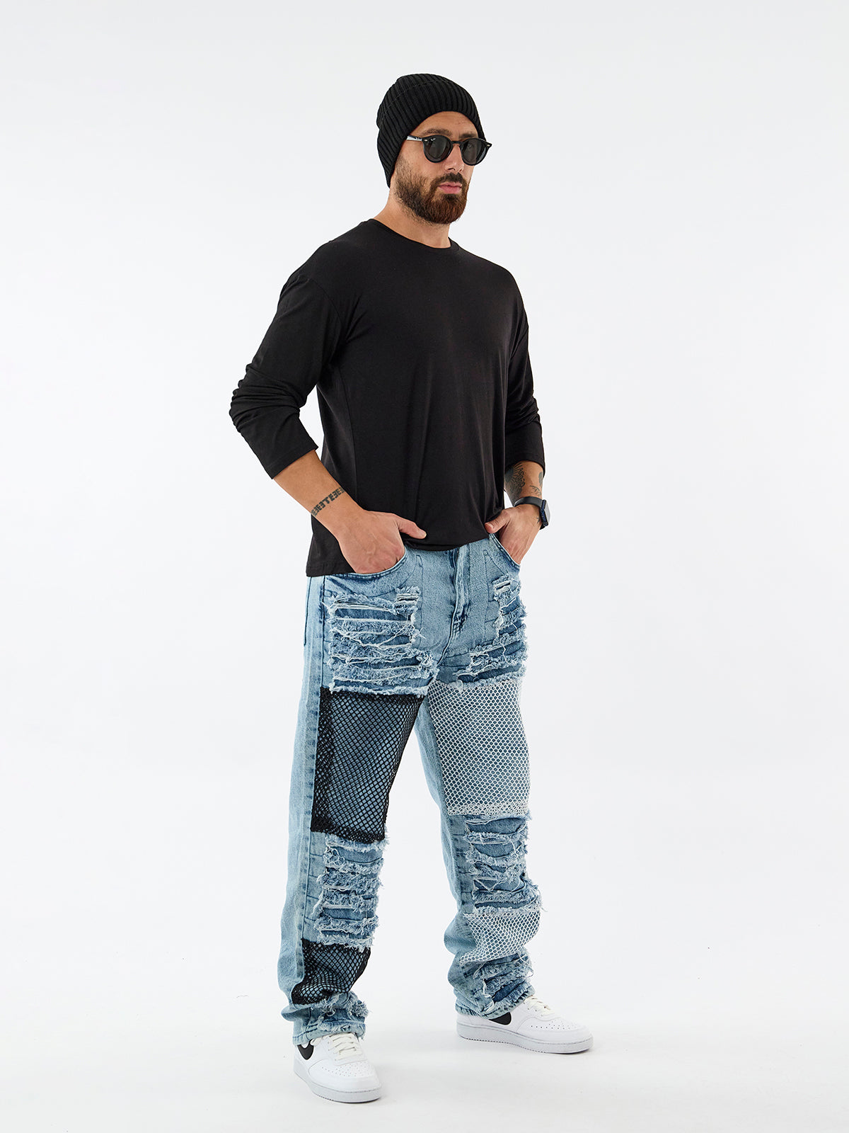 Yırtık File Detaylı Baggy Jean Erkek Pantolon COC3602